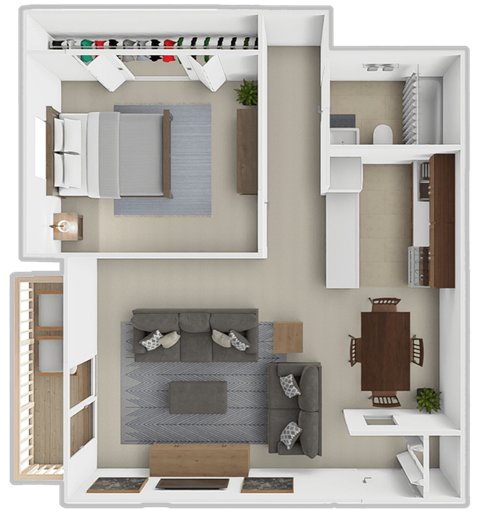 Floor plan for 1 bed, 1 bath, 741 sqft